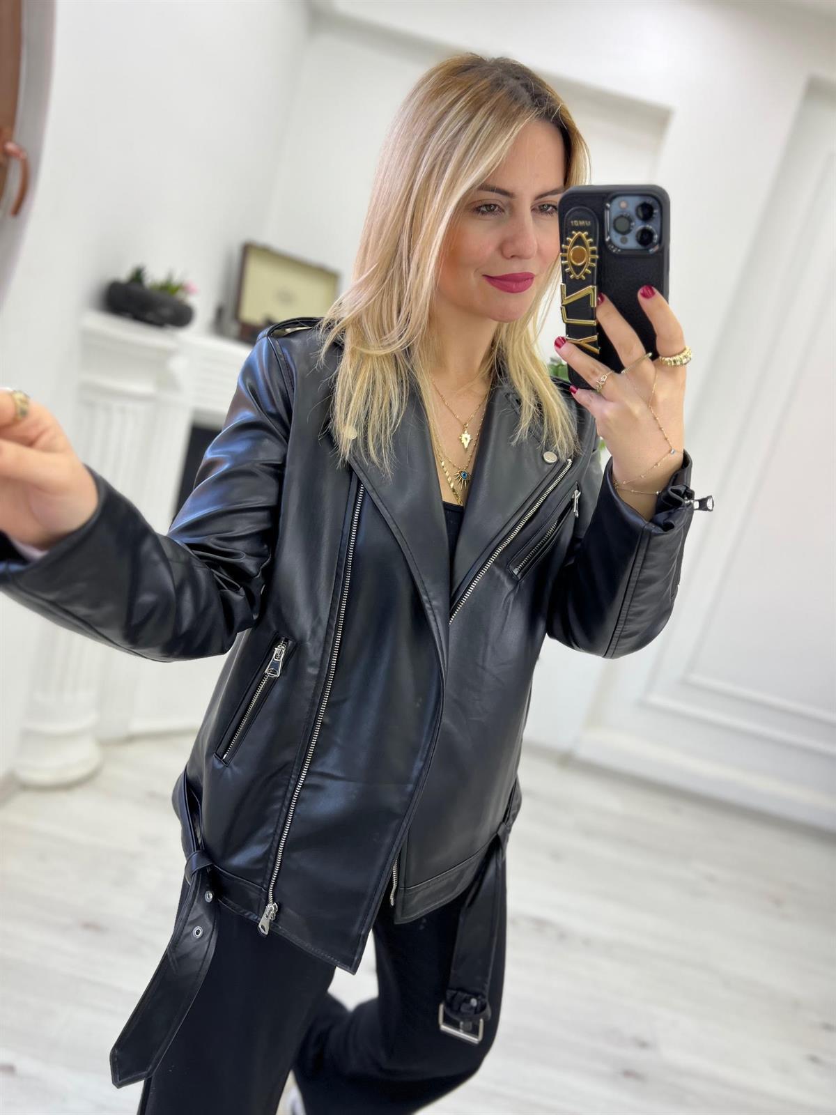 60376 Owersize Deri Biker Yelek SİYAH