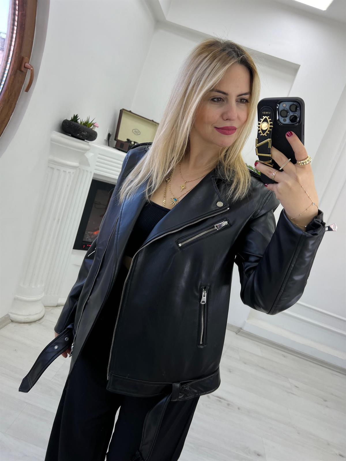 60376 Owersize Deri Biker Yelek SİYAH