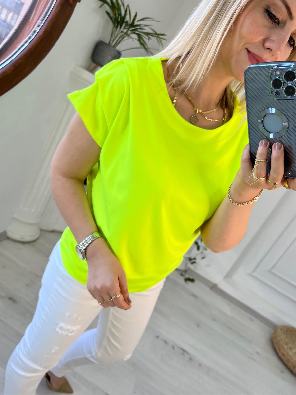 606 Omuzu Pileli Bluz NEON YEŞİL