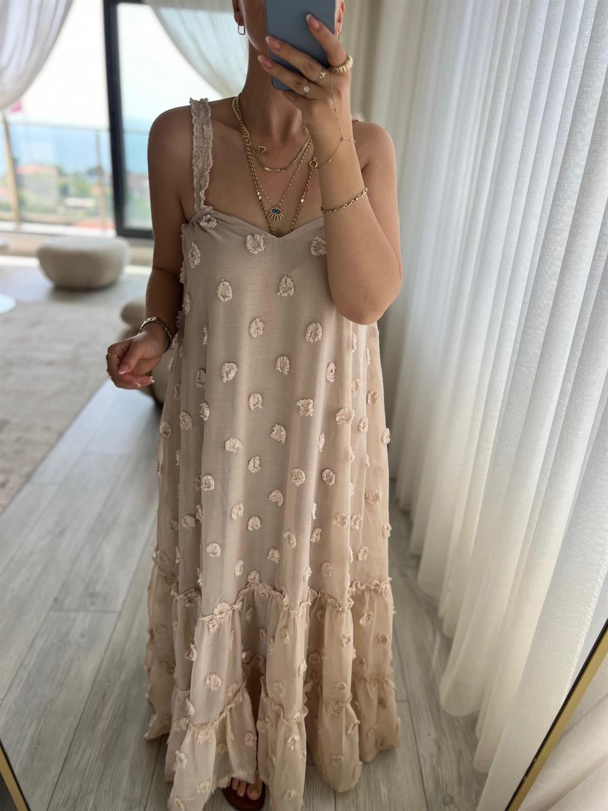 6110 Askılı Tül Elbise BEJ