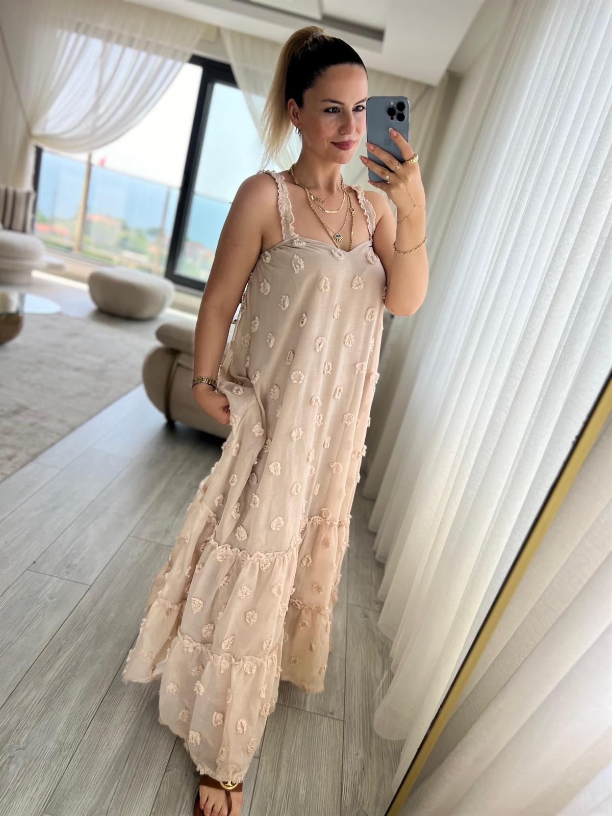6110 Askılı Tül Elbise BEJ