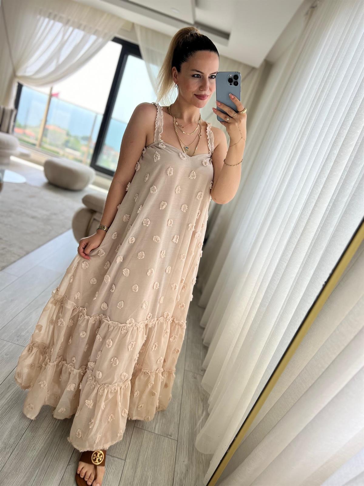 6110 Askılı Tül Elbise BEJ