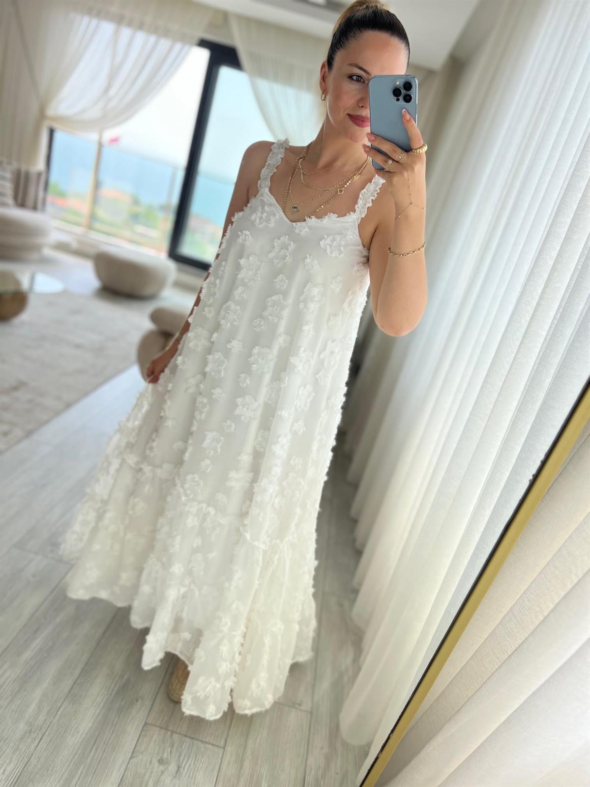 6110 Askılı Tül Elbise BEYAZ