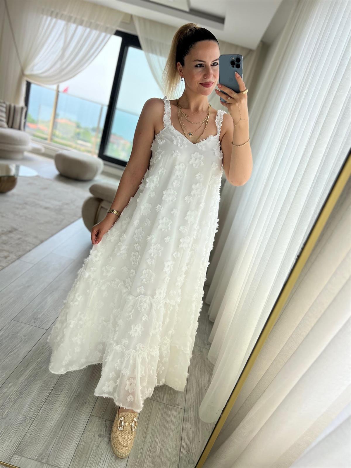 6110 Askılı Tül Elbise BEYAZ
