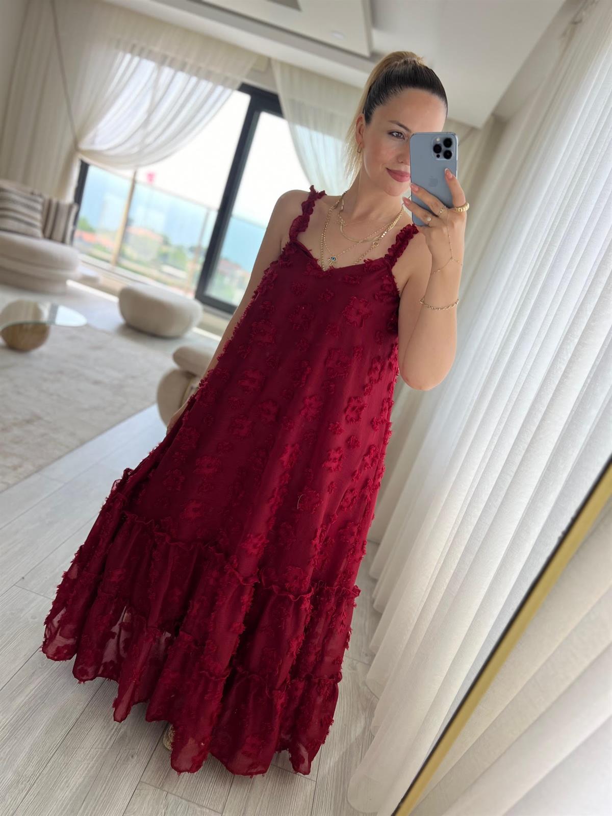 6110 Askılı Tül Elbise BORDO