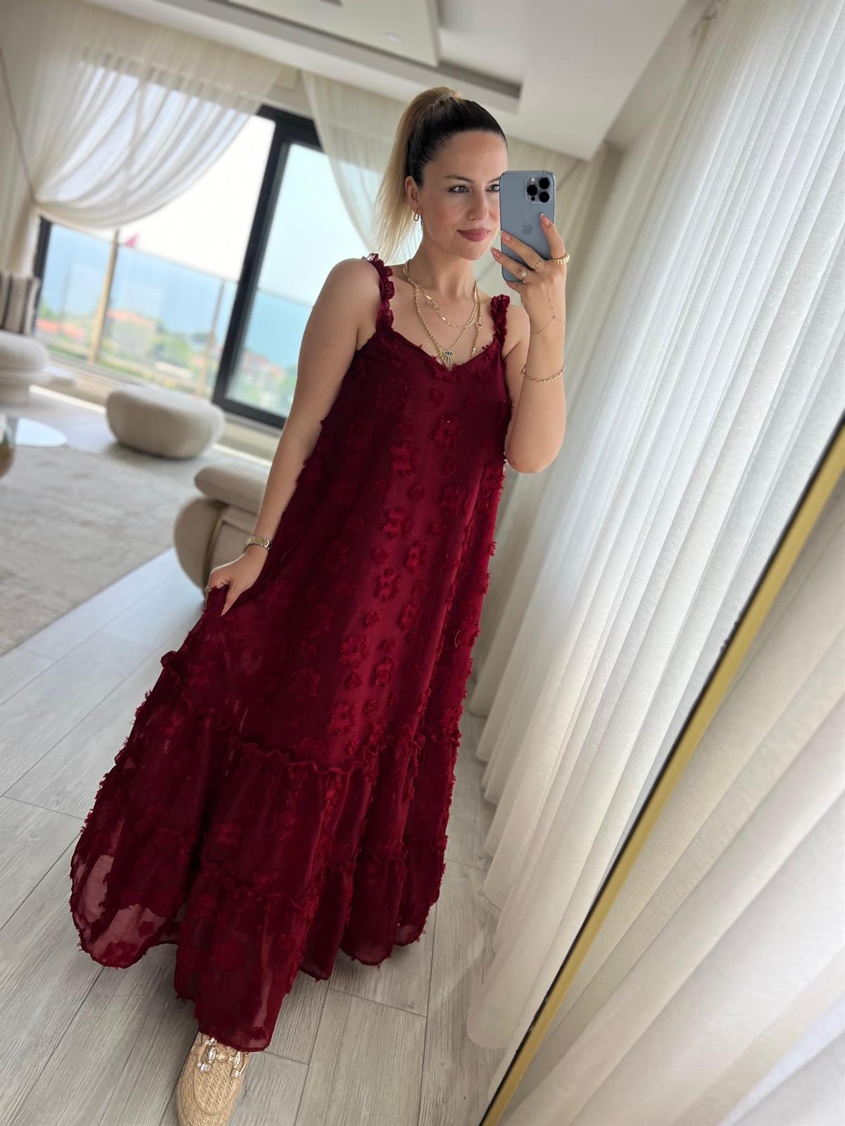 6110 Askılı Tül Elbise BORDO
