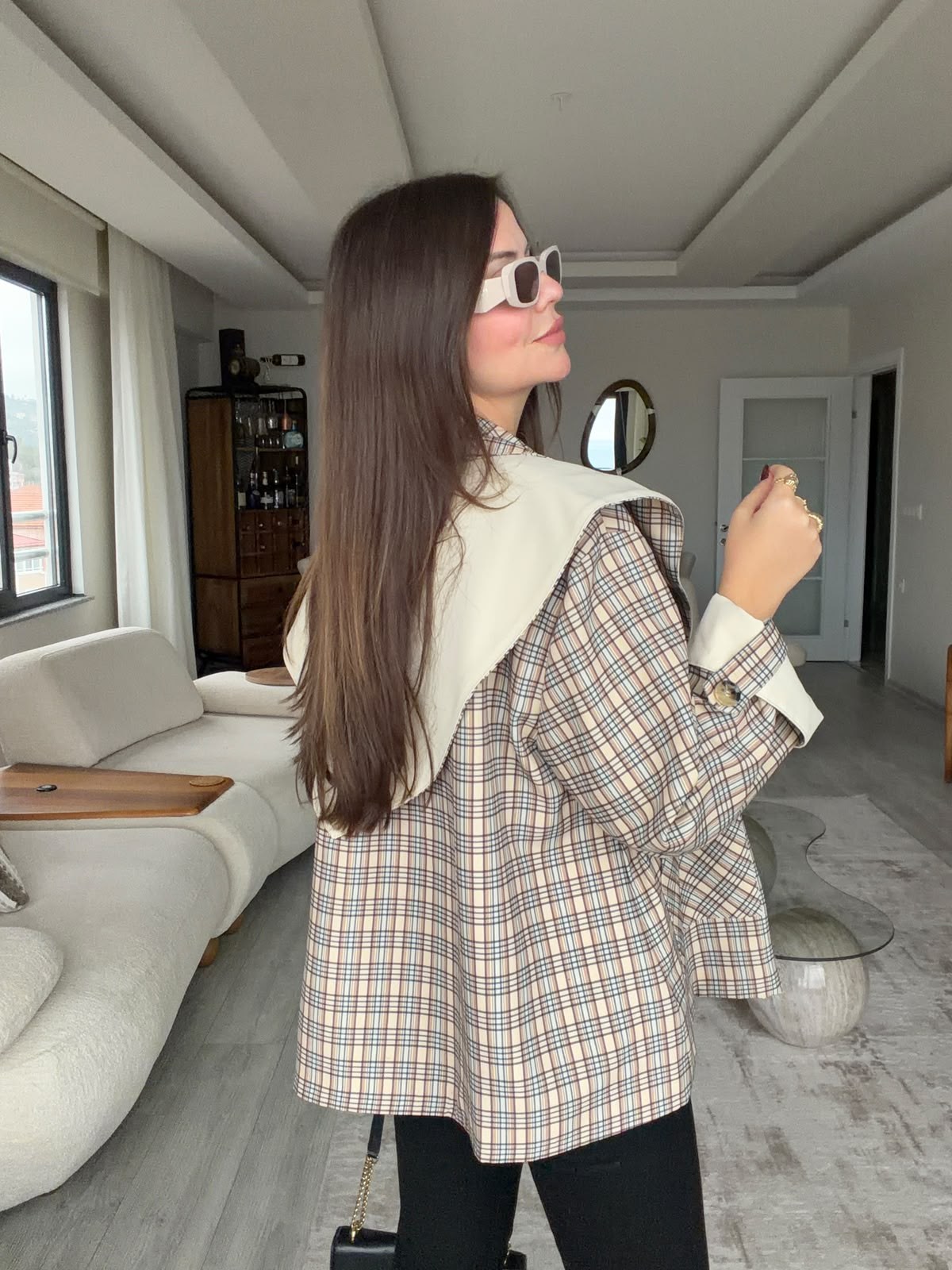6302 Şal Detay Ekose Trench BEJ