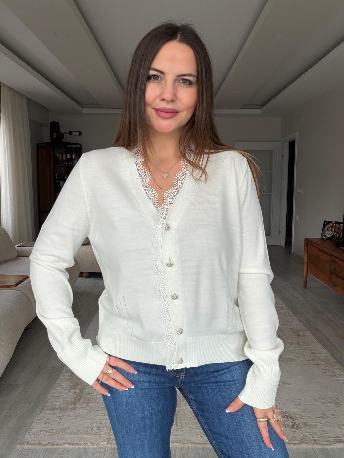 6406 Dantel Detay Hırka EKRU