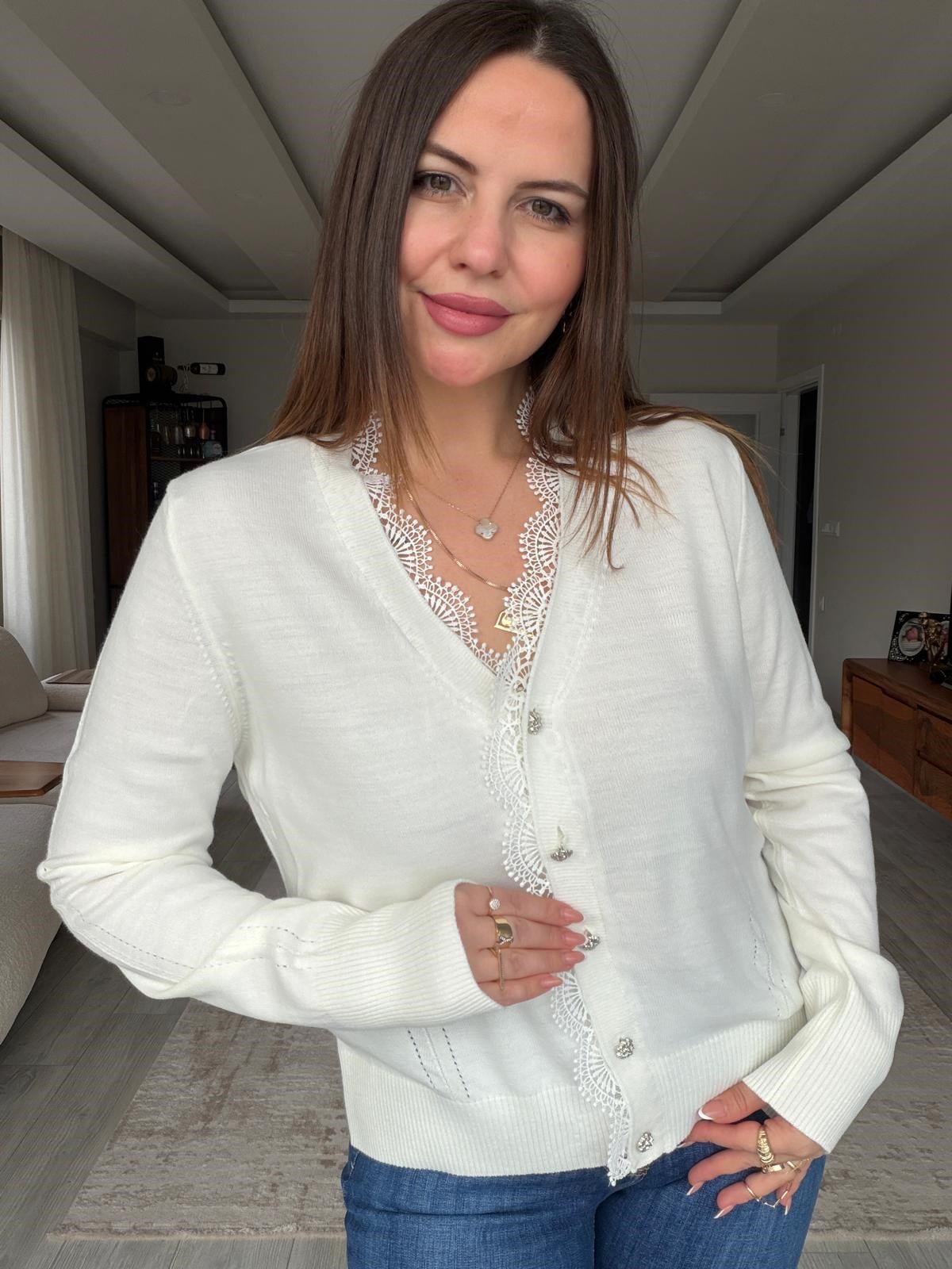 6406 Dantel Detay Hırka EKRU