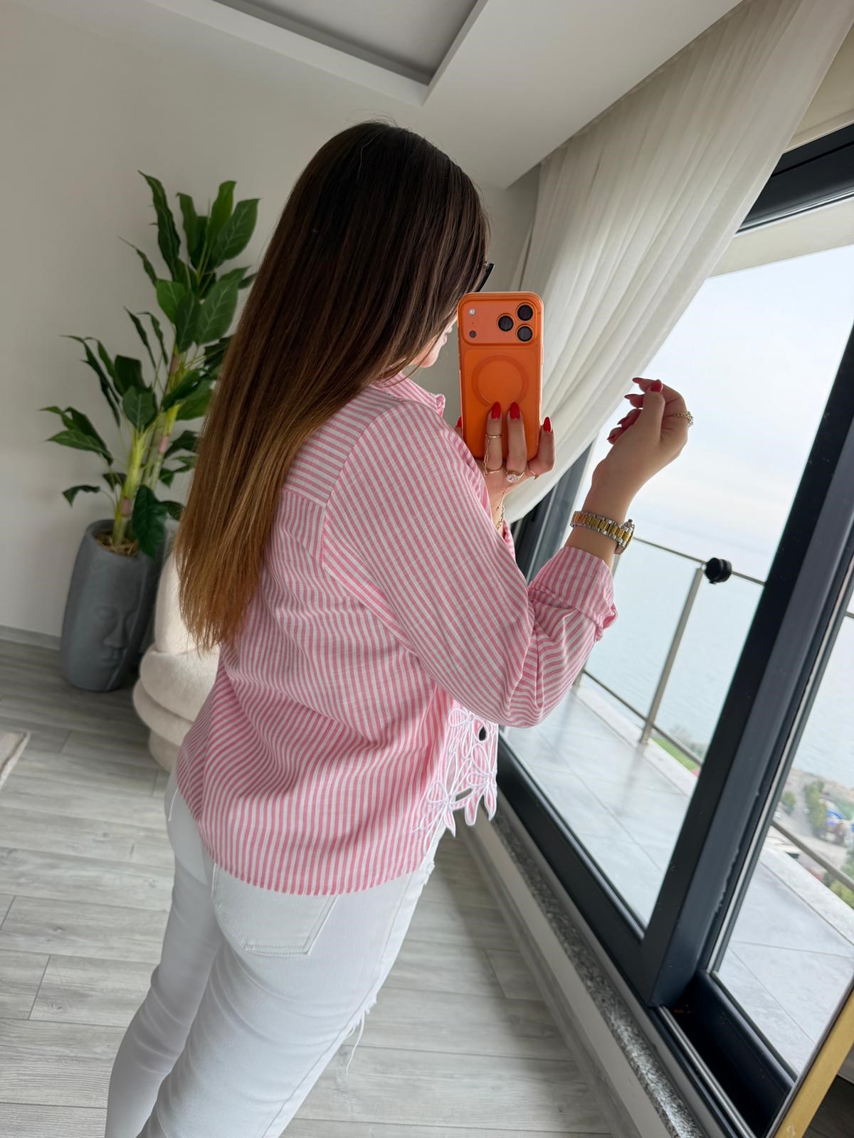 6415 Çizgili Nakşlı Gömlek PEMBE