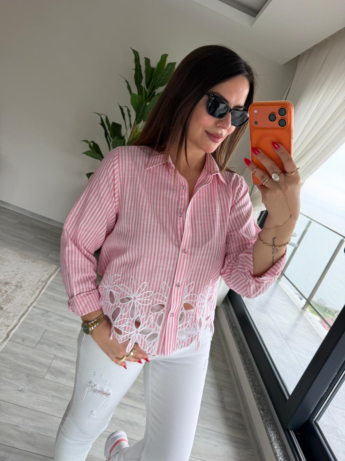 6415 Çizgili Nakşlı Gömlek PEMBE