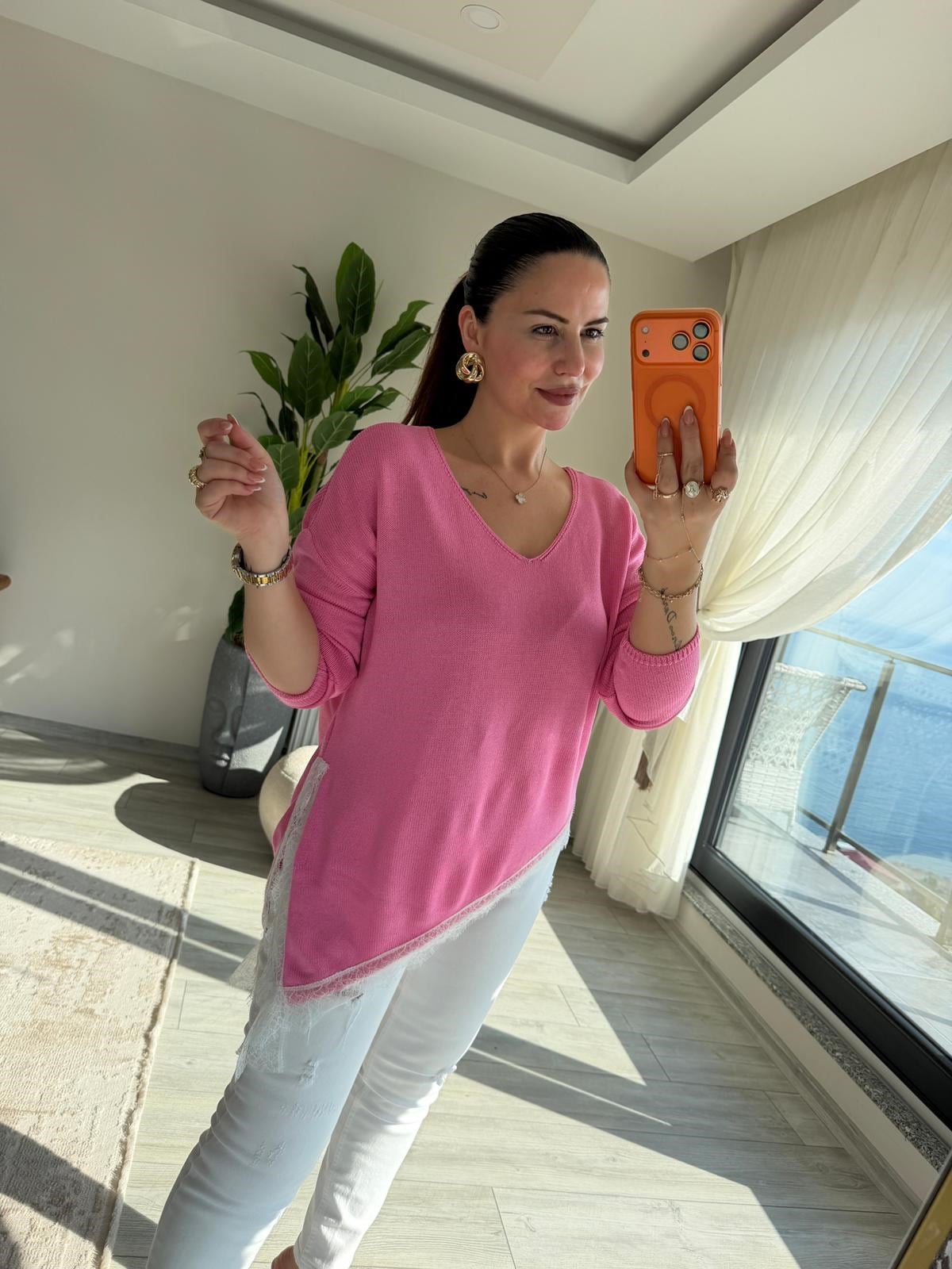 6703 Dantelli V Yaka Triko PEMBE