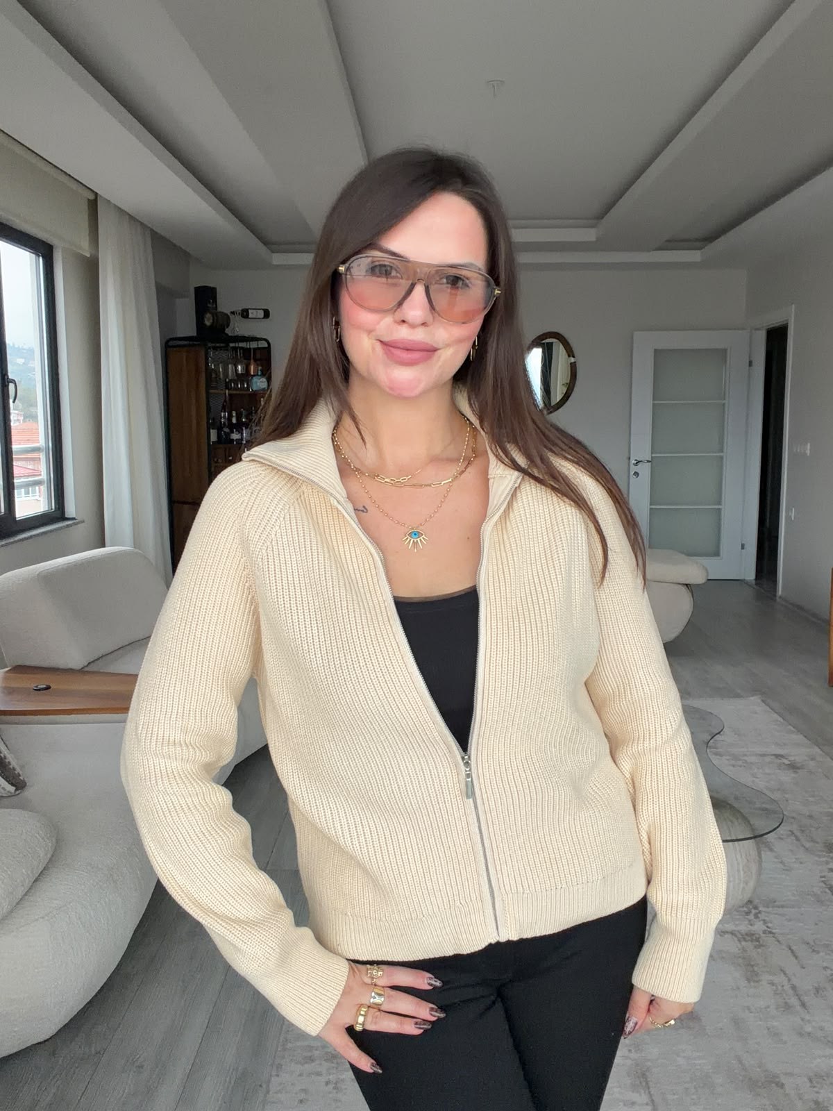 6705 Fermuarlı Triko Ceket EKRU