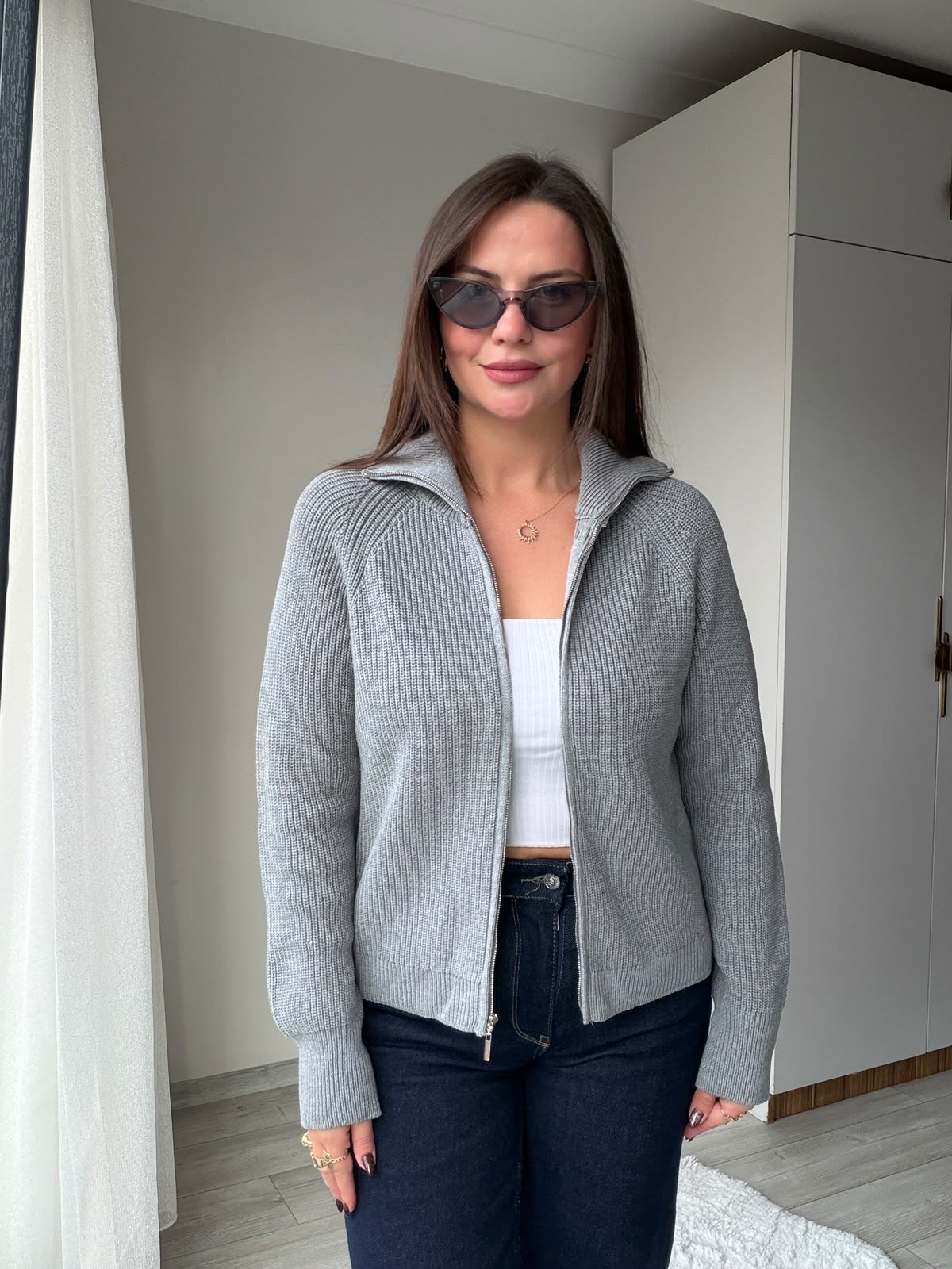 6705 Fermuarlı Triko Ceket GRİ