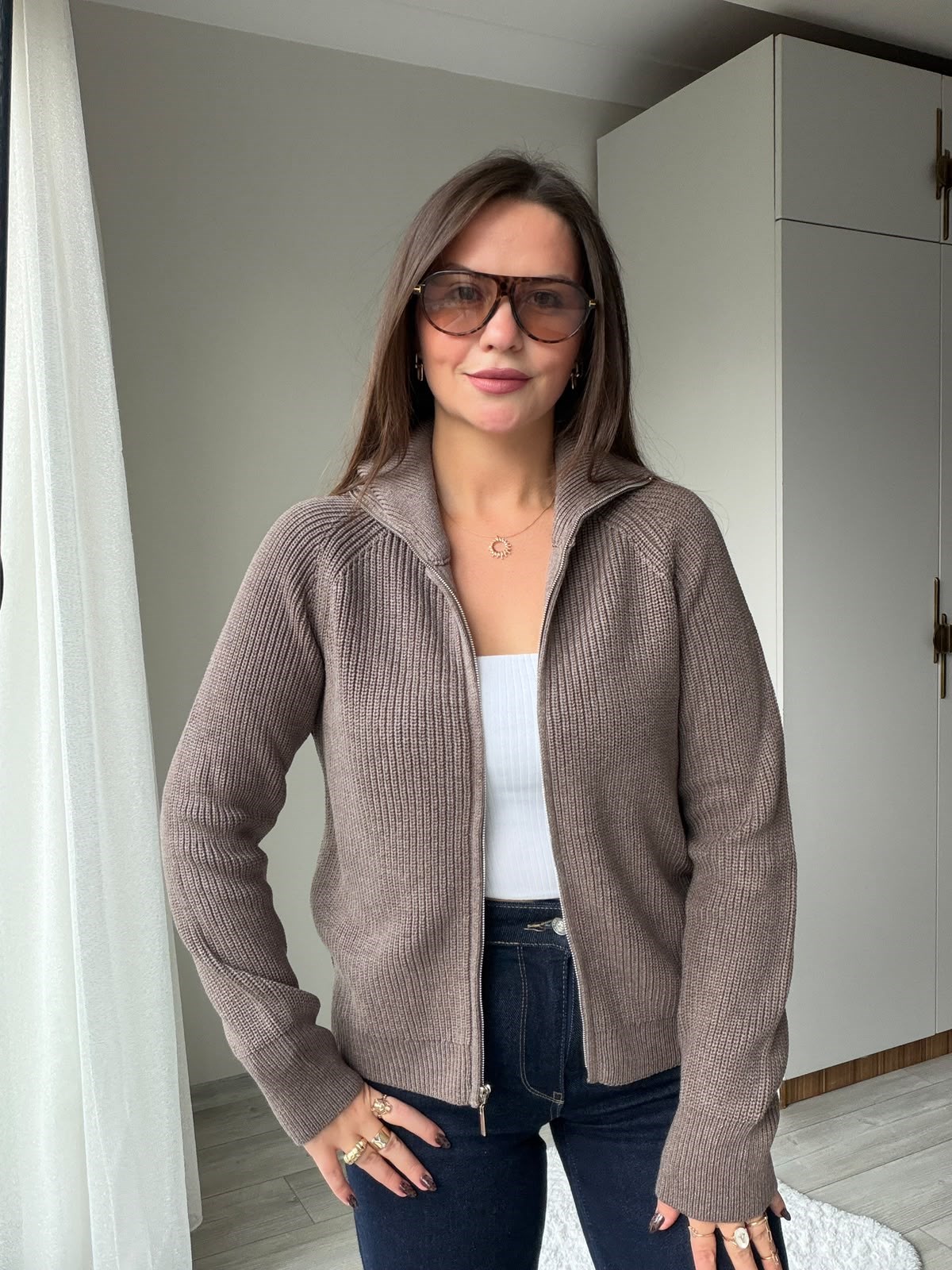 6705 Fermuarlı Triko Ceket KAHVE