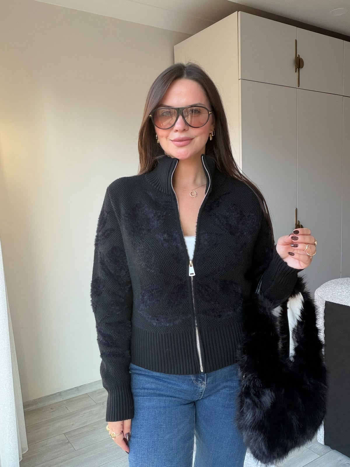 6711 Desenli Fermuarlı Hriko Hırka SİYAH