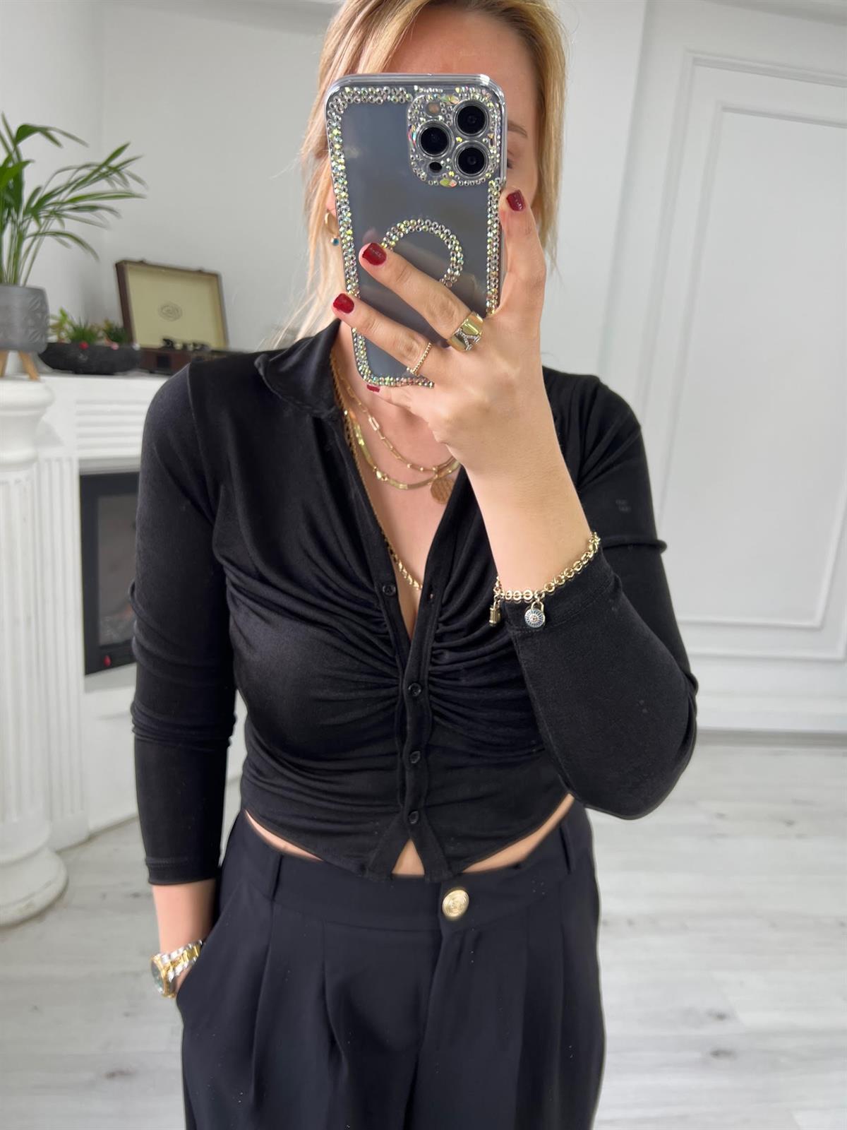6845 Önü Büzgülü Buzzy Bluz SİYAH