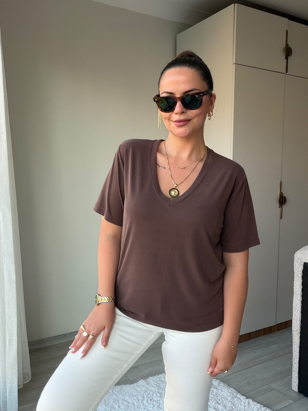 690 V Yakalı Modal Tshirt KAHVE