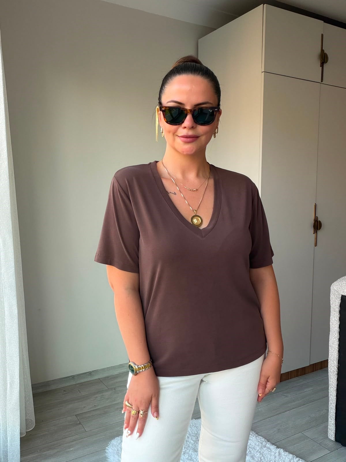 690 V Yakalı Modal Tshirt KAHVE