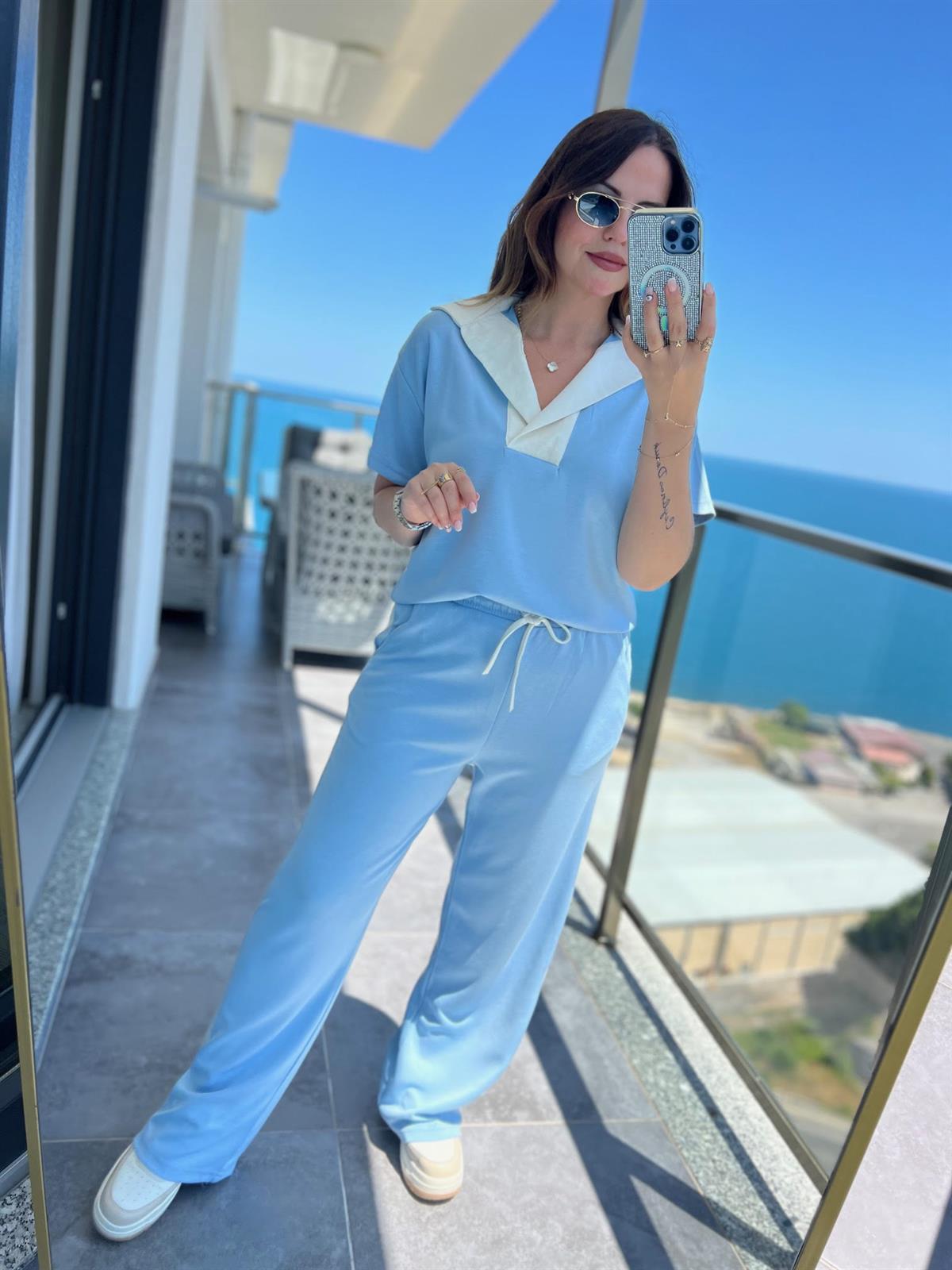 6953 Açık Yaka Garnili Takım BEBE MAVİ