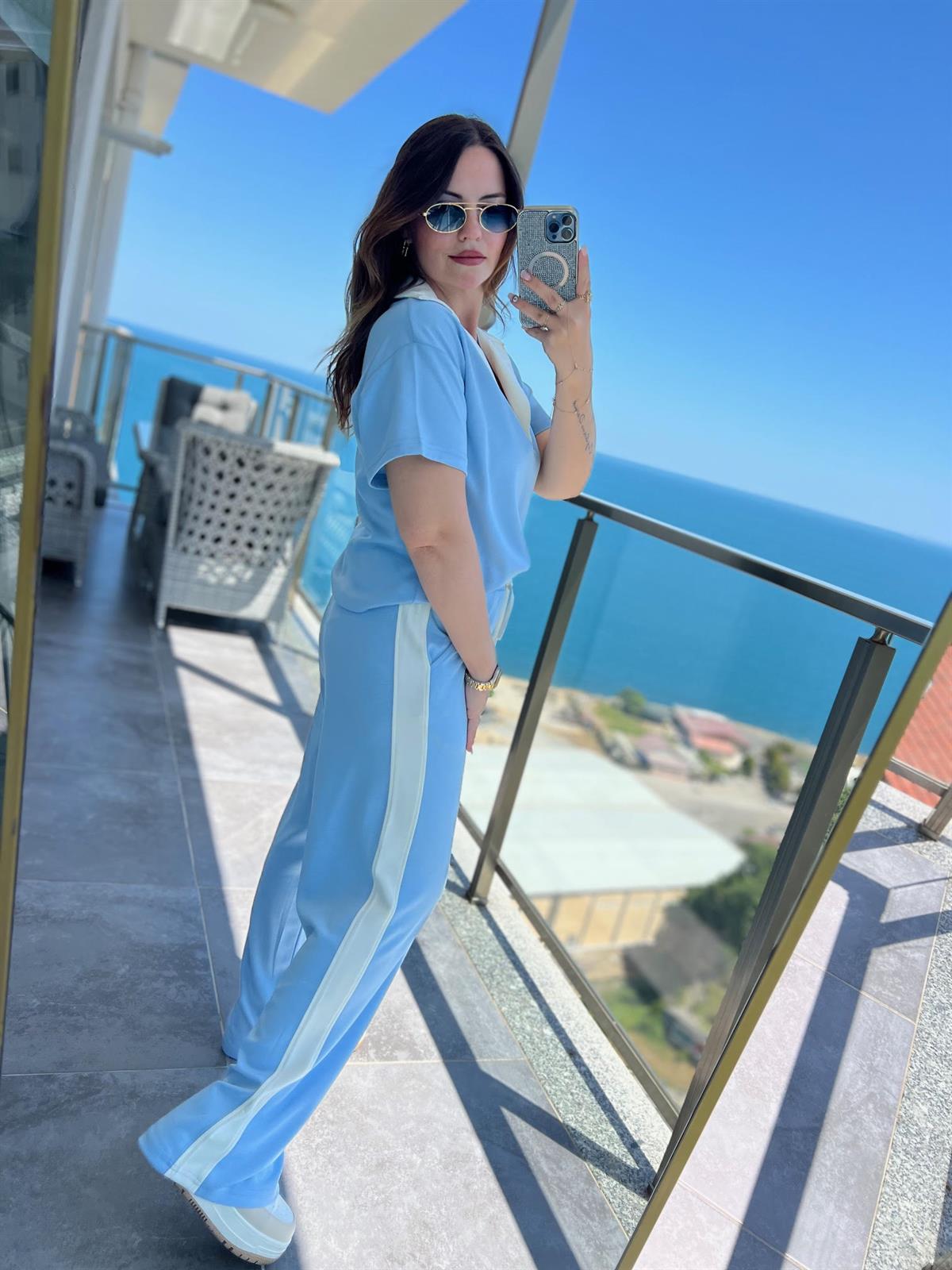 6953 Açık Yaka Garnili Takım BEBE MAVİ