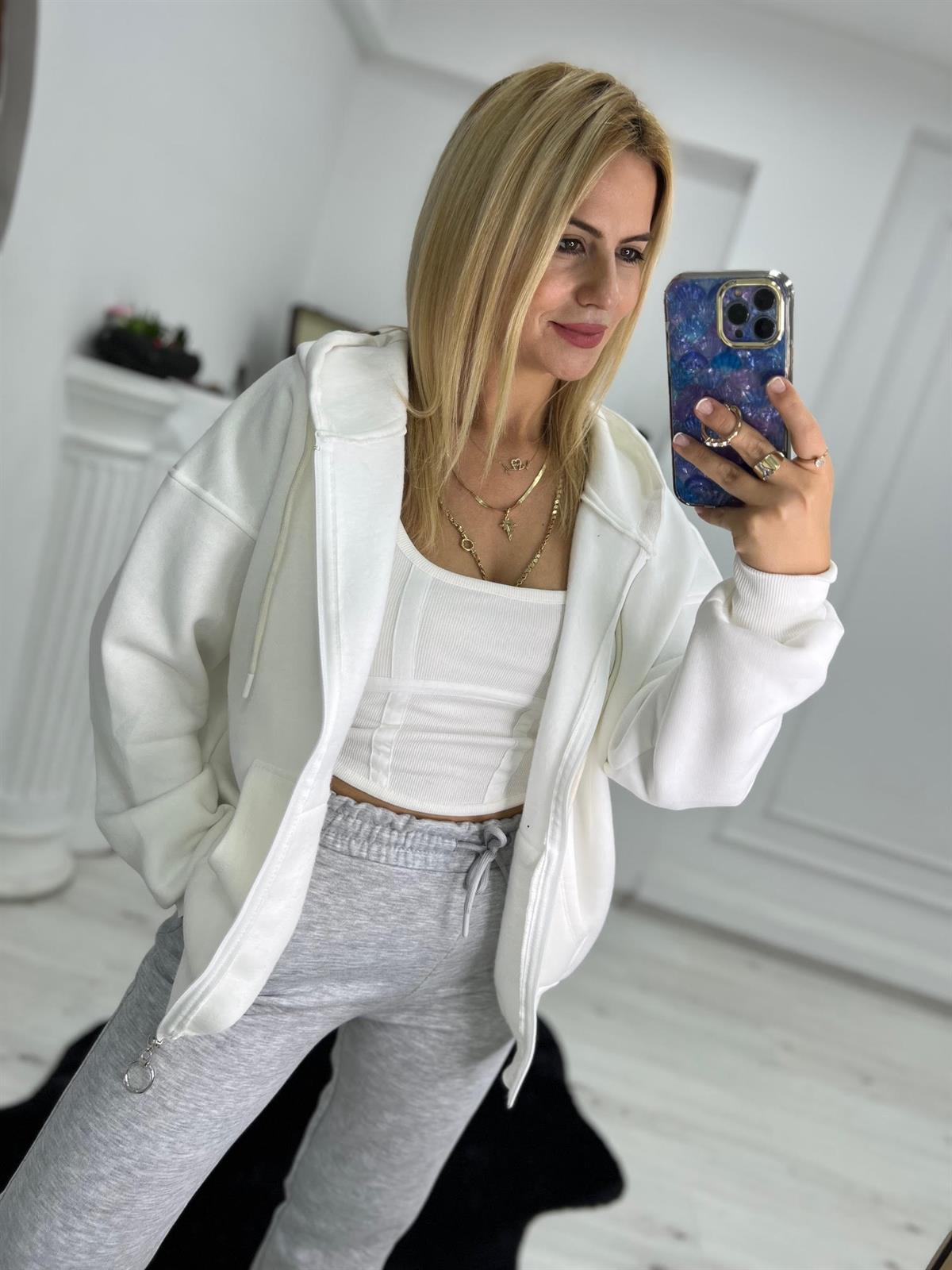 7024 Kangru Cepli Fermuarlı Sweat BEYAZ
