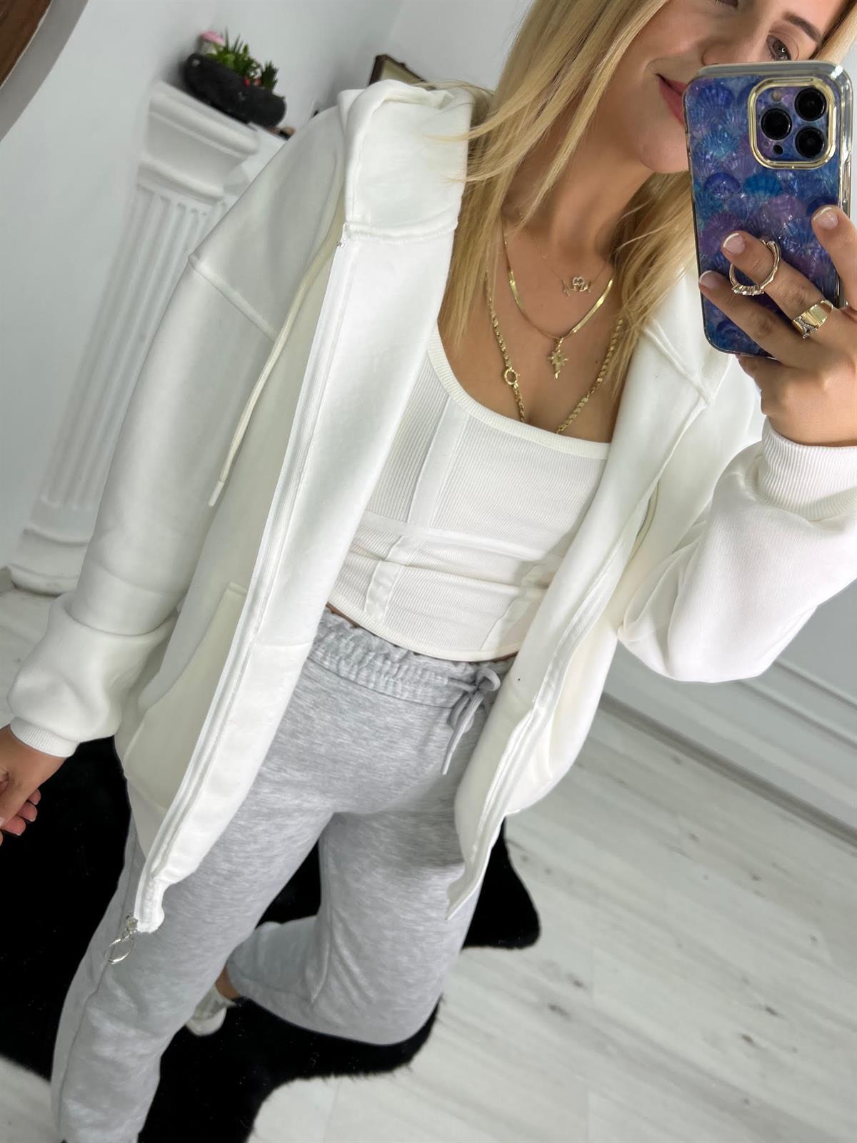 7024 Kangru Cepli Fermuarlı Sweat BEYAZ