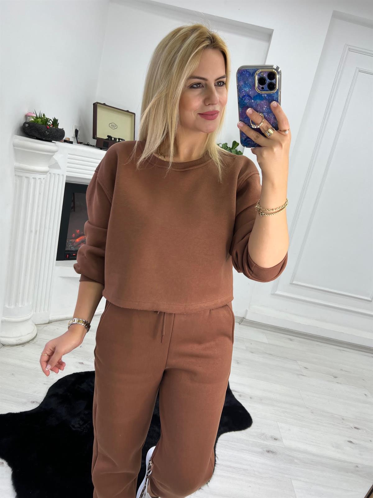 7027 3 İplik Kısa Sweat KAHVE