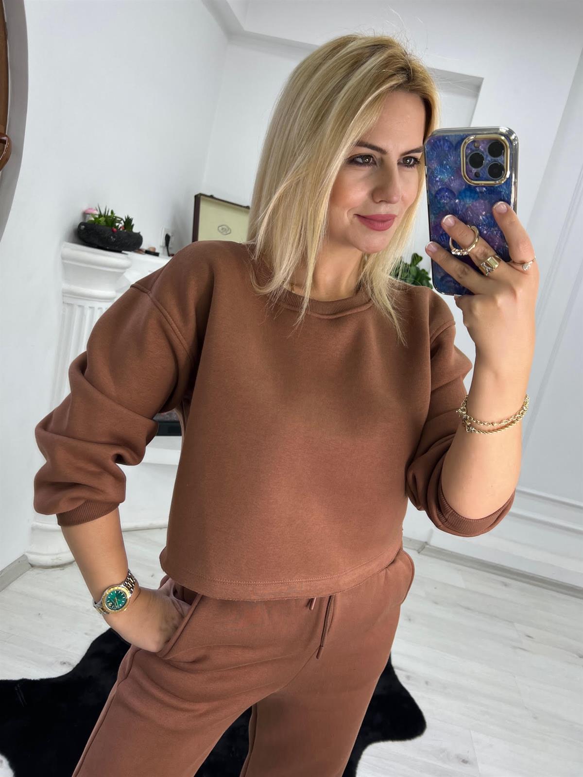 7027 3 İplik Kısa Sweat KAHVE