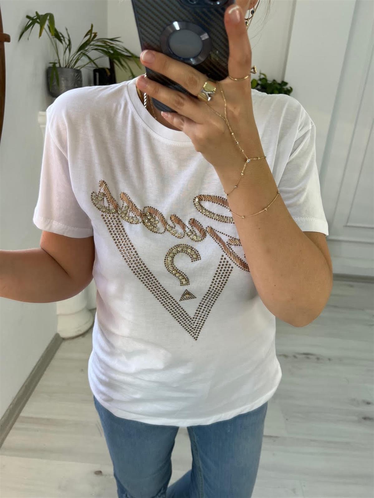 7596 Boncuk İşlemeli Tshirt BEYAZ