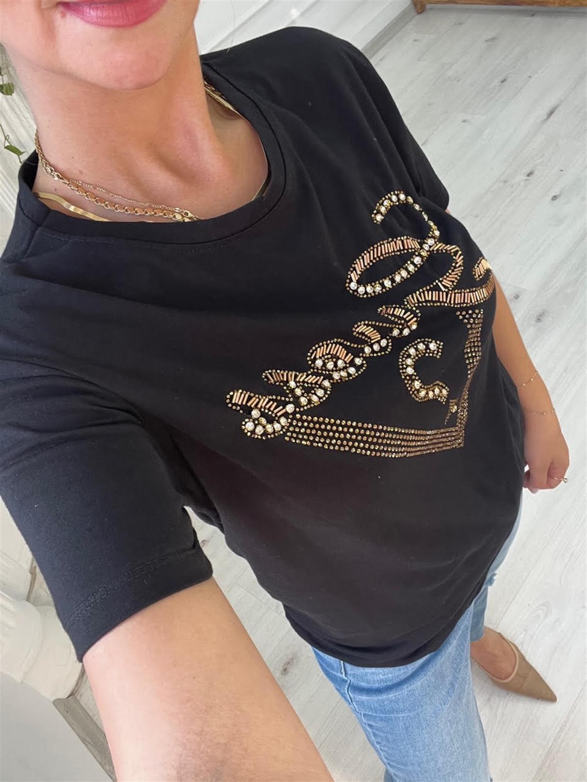 7596 Boncuk İşlemeli Tshirt SİYAH