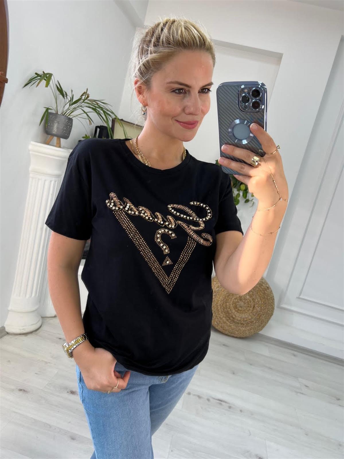 7596 Boncuk İşlemeli Tshirt SİYAH