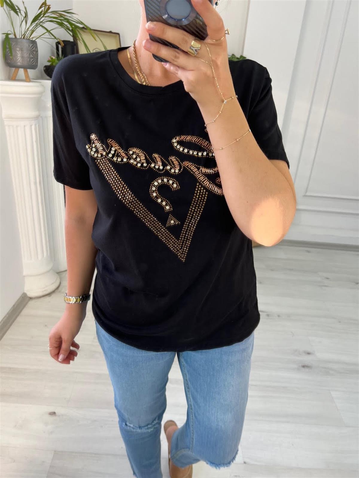 7596 Boncuk İşlemeli Tshirt SİYAH