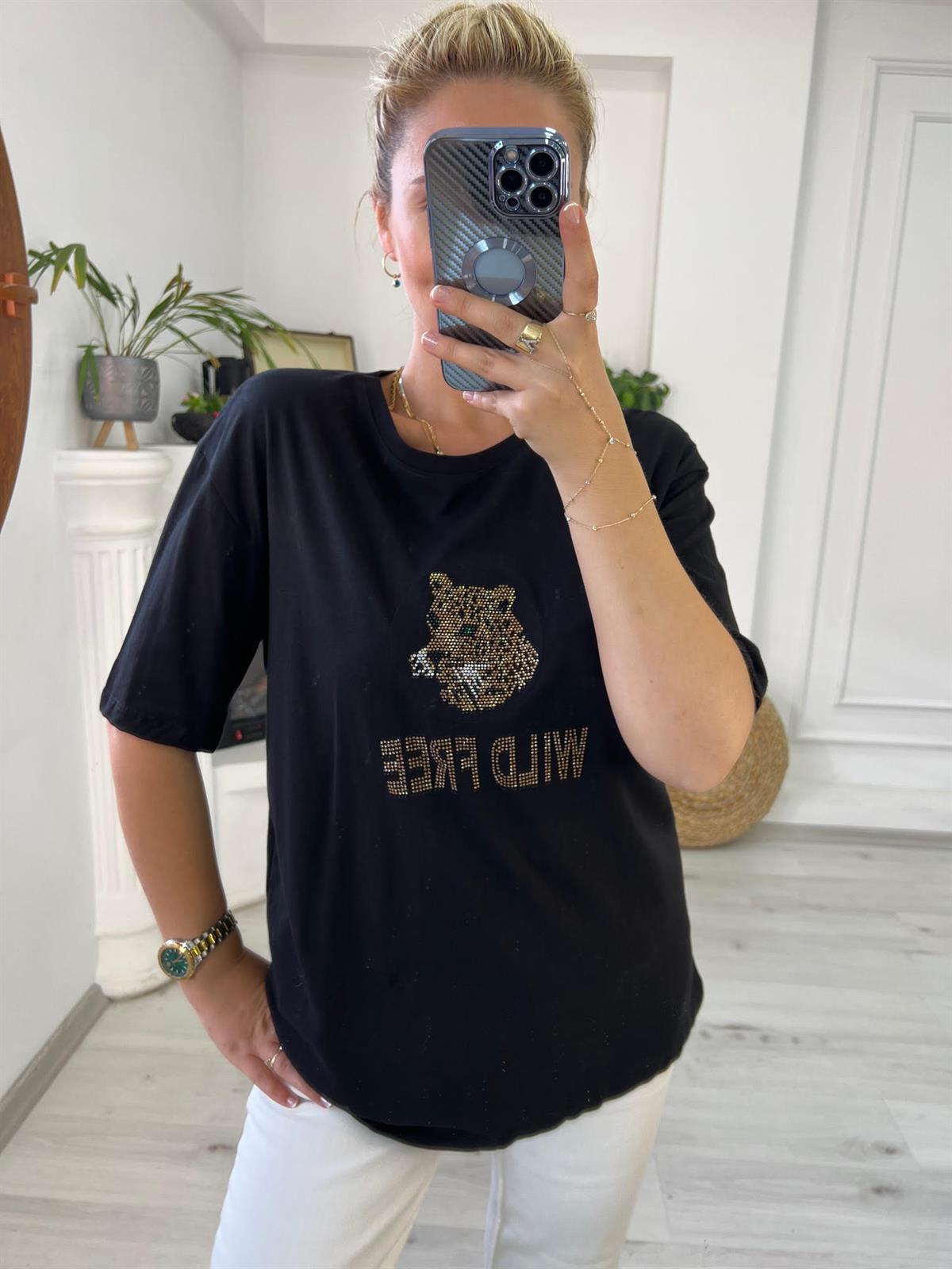 7625 Aslan Baskılı Tshirt SİYAH