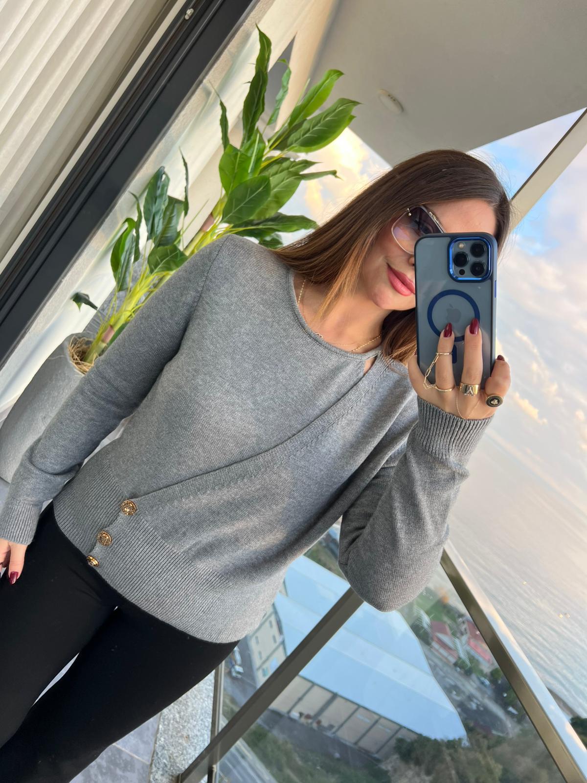 7698 Korspan Kurvaze Yaka Detay Kazak GRİ