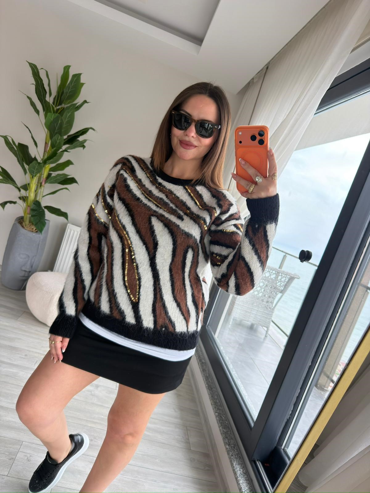 7807 Zebra Desen Pullu Kazak KAHVE