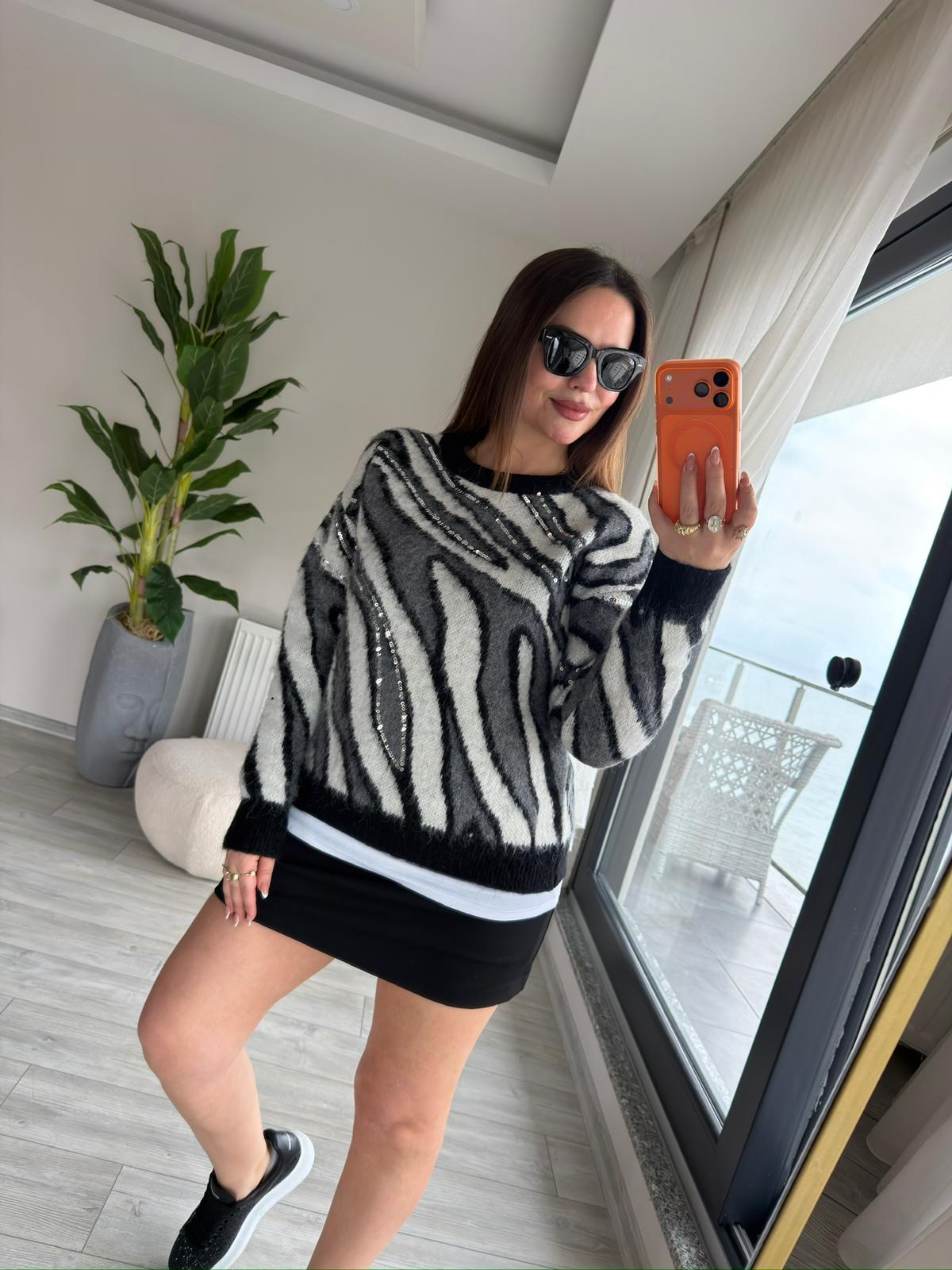 7807 Zebra Desen Pullu Kazak SİYAH