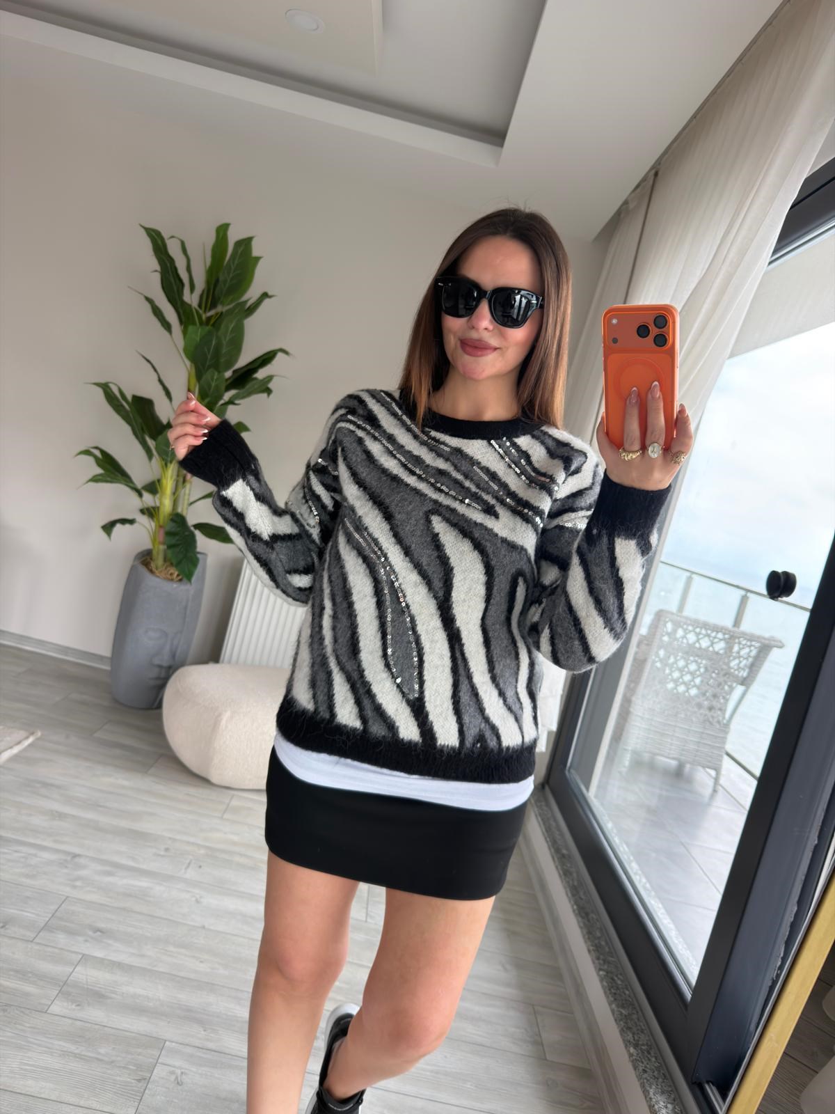 7807 Zebra Desen Pullu Kazak SİYAH