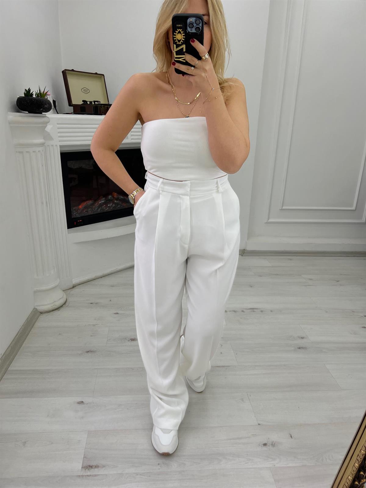 7954 Yüksek Bel Crep Pantolon EKRU