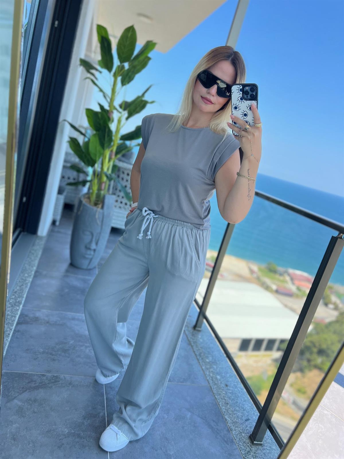 8033 Bol Paça Tencel Pantolon GRİ