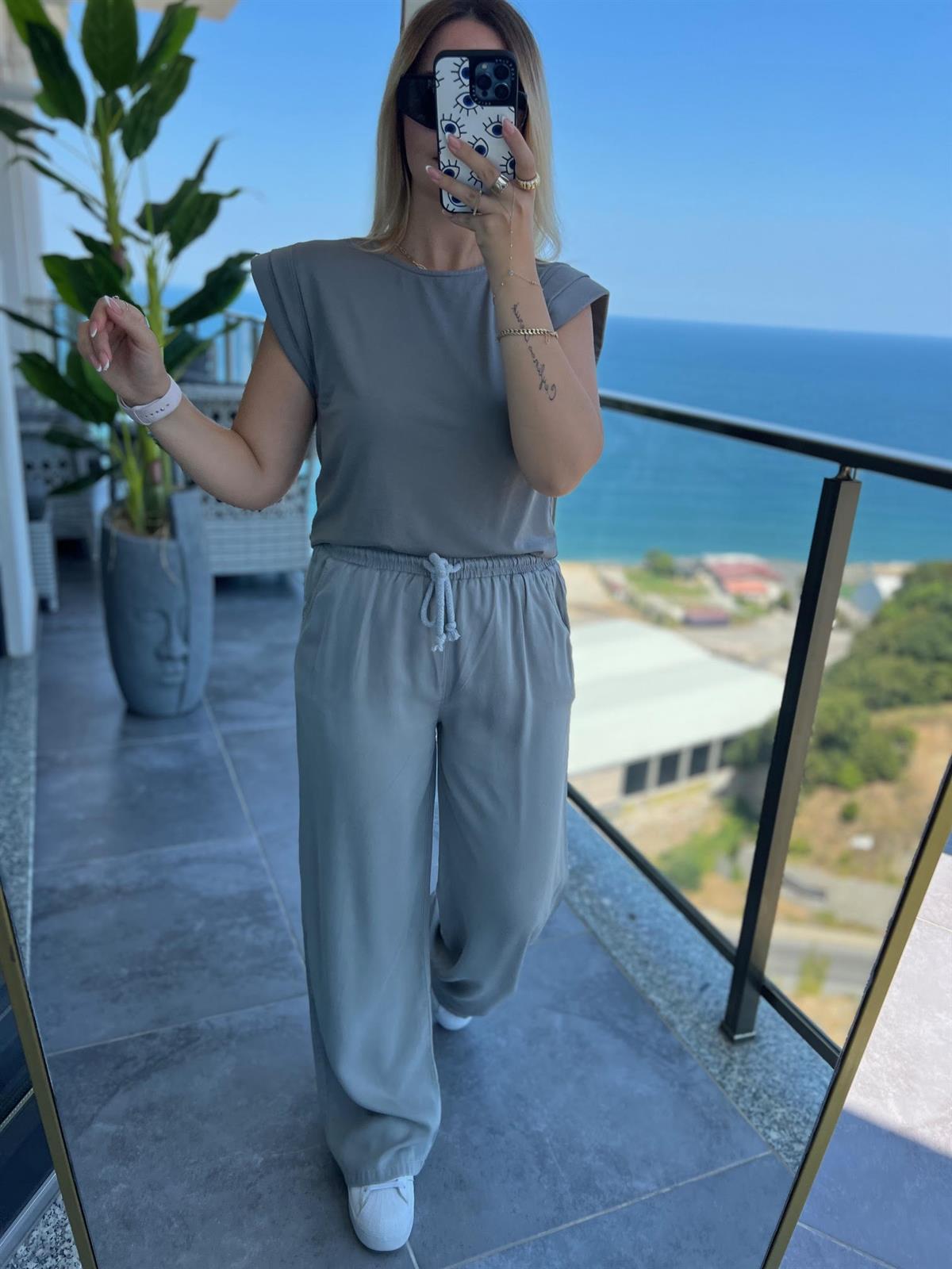 8033 Bol Paça Tencel Pantolon GRİ