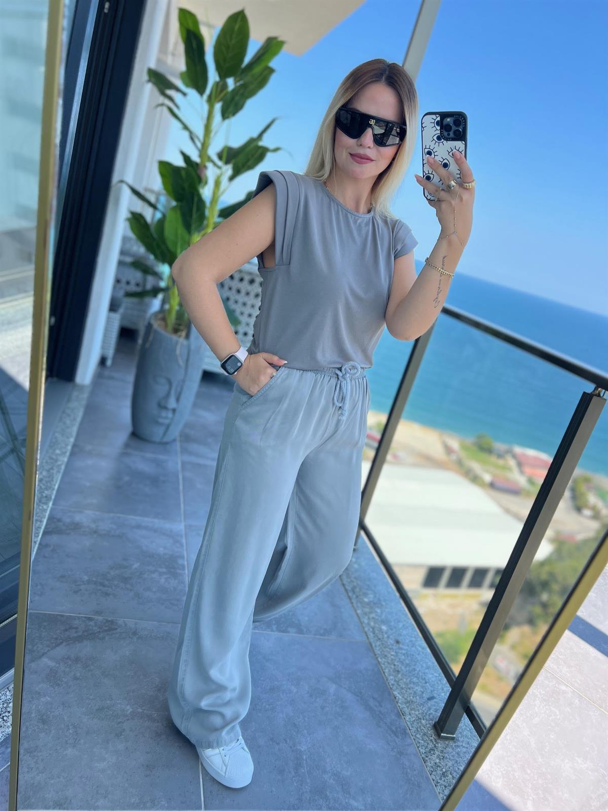 8033 Bol Paça Tencel Pantolon GRİ