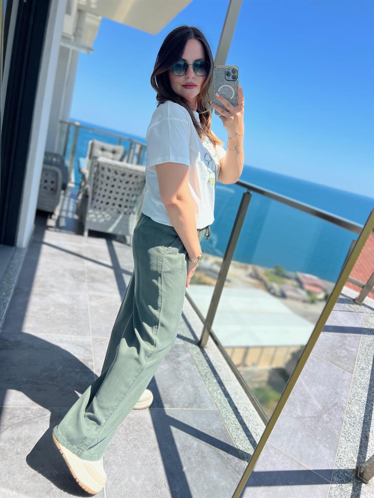 8033 Bol Paça Tencel Pantolon HAKİ YEŞİL