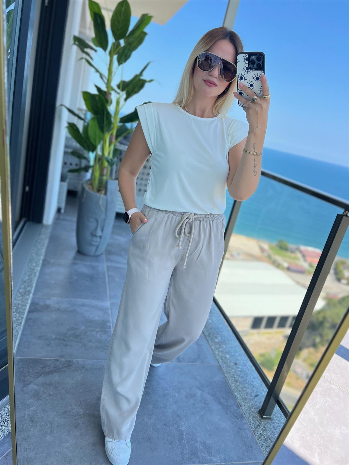 8033 Bol Paça Tencel Pantolon TAŞ