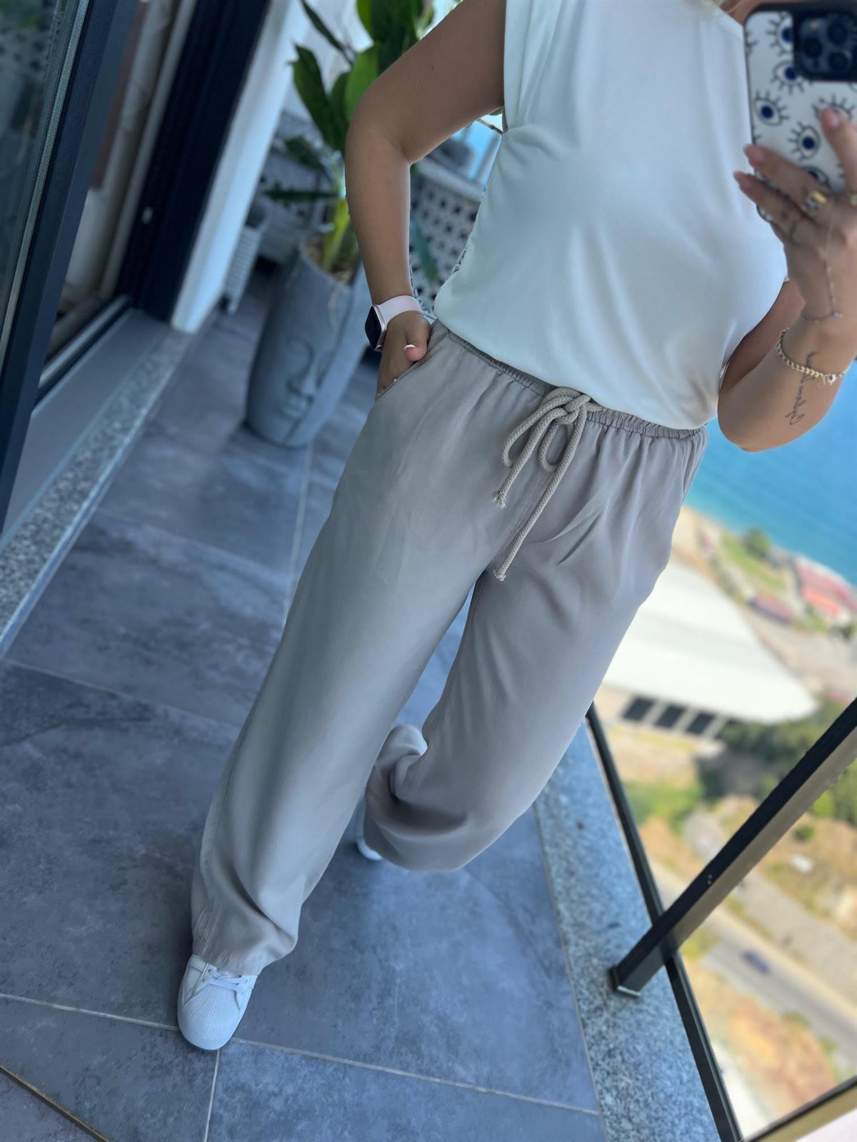 8033 Bol Paça Tencel Pantolon TAŞ