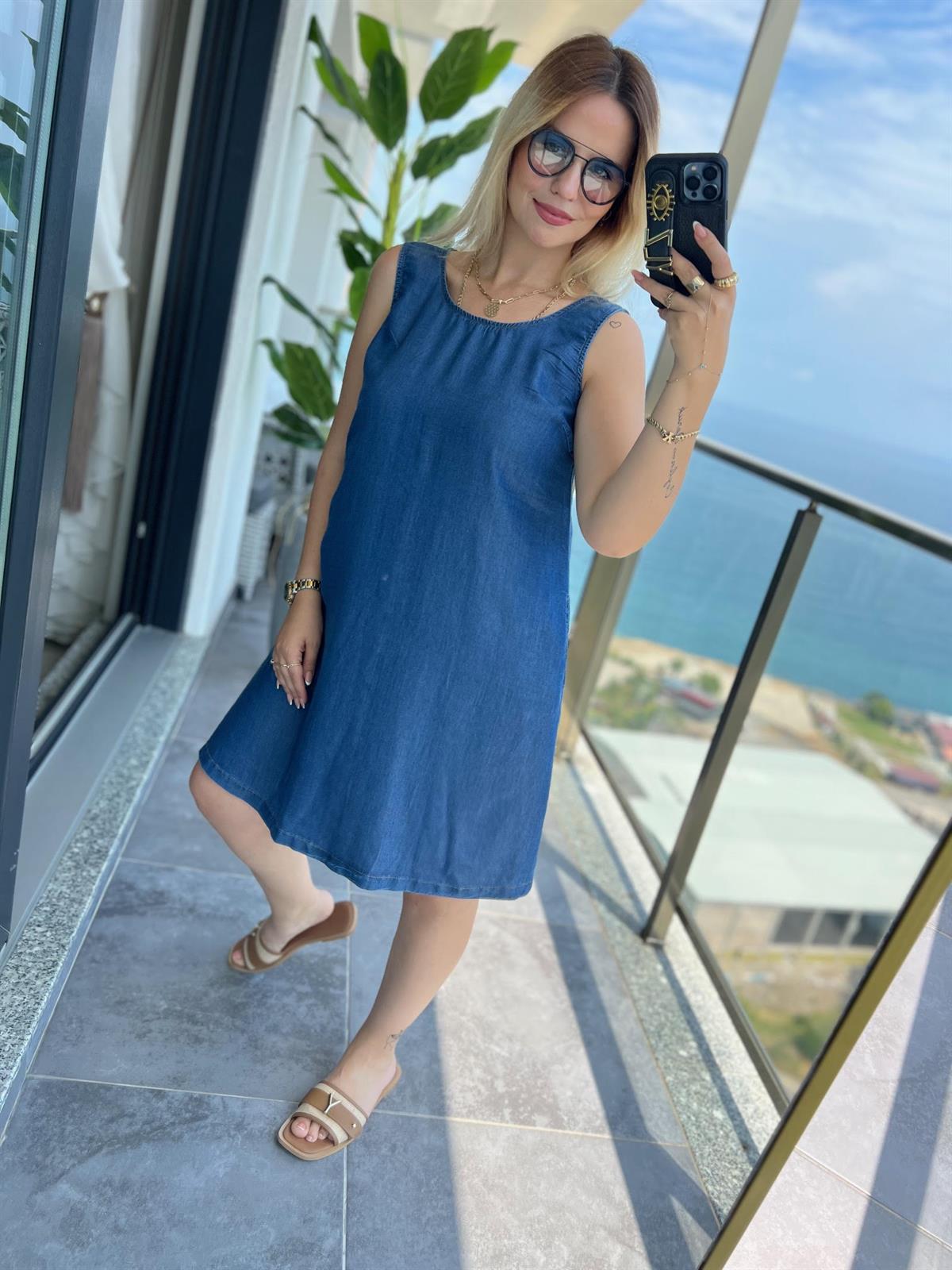 8036 Tencel Çan Kot Elbise LACİVERT