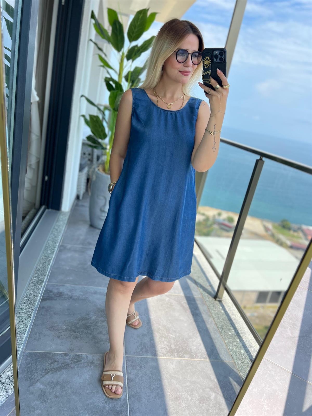 8036 Tencel Çan Kot Elbise LACİVERT