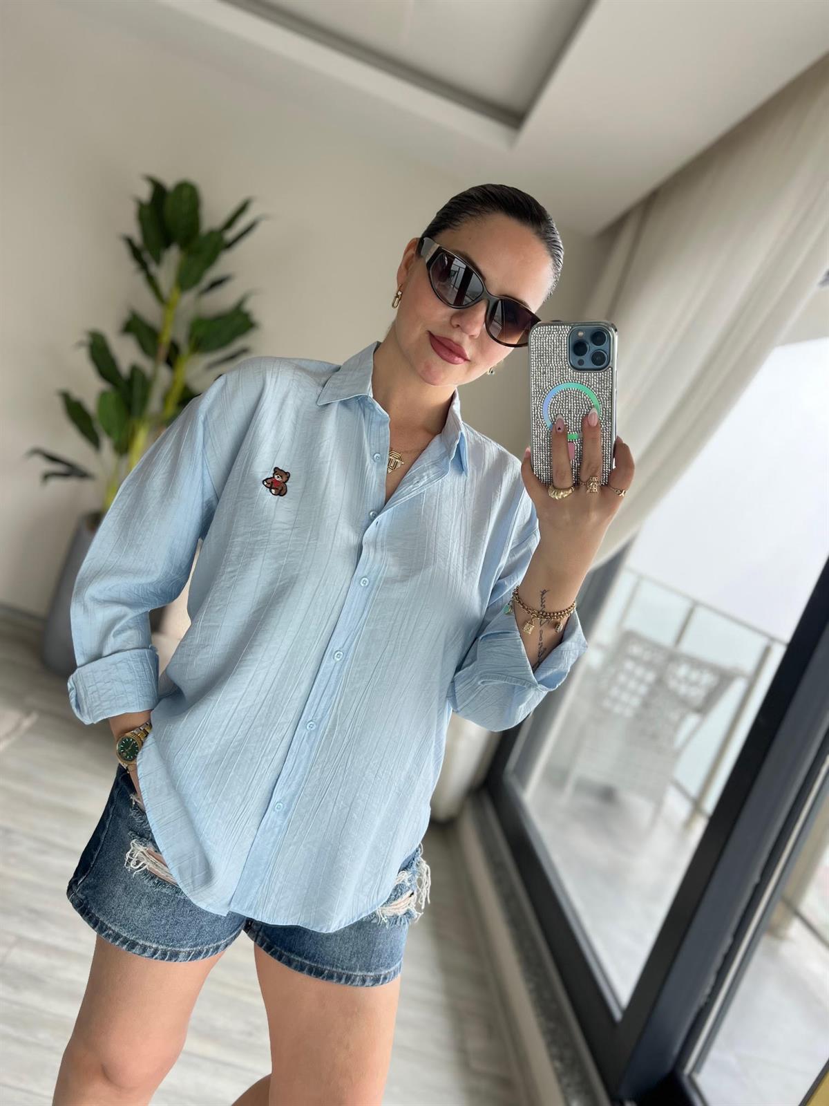 8047 Ayıcık İşlemeli Gömlek BEBE MAVİ