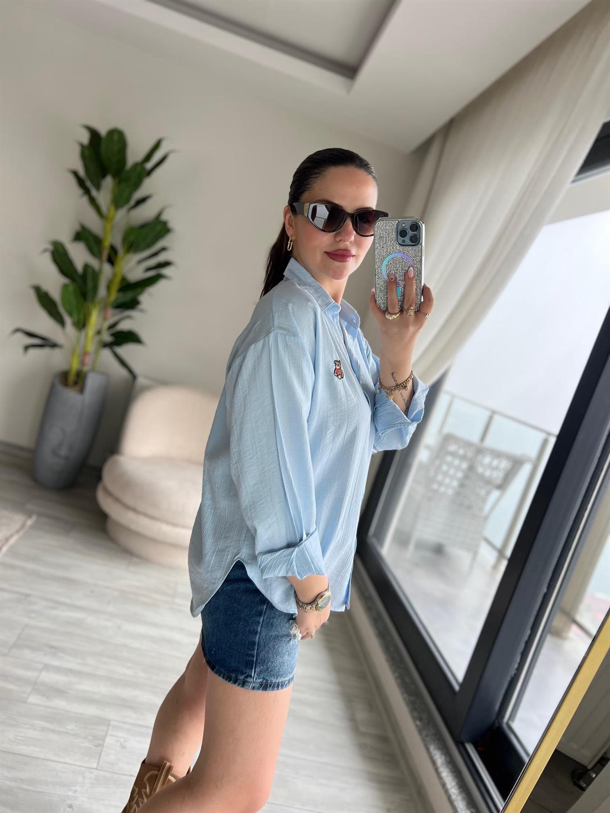 8047 Ayıcık İşlemeli Gömlek BEBE MAVİ