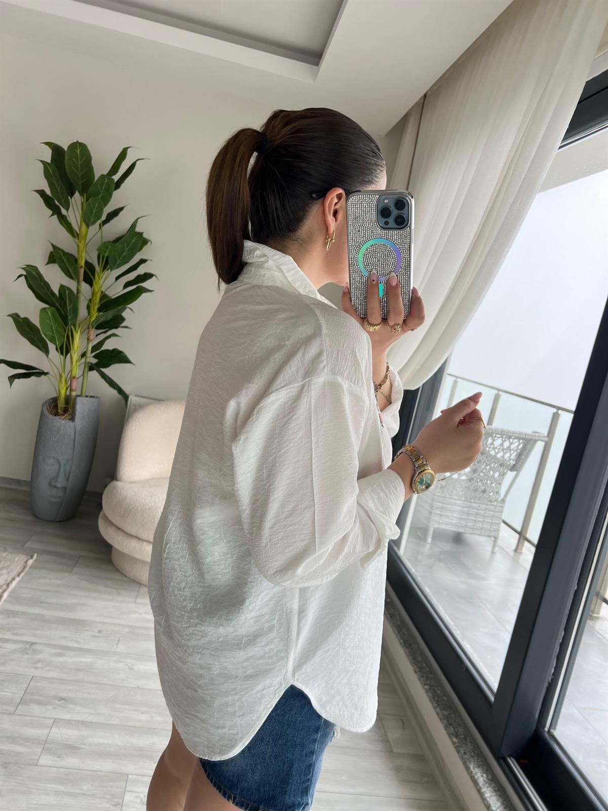 8047 Ayıcık İşlemeli Gömlek EKRU